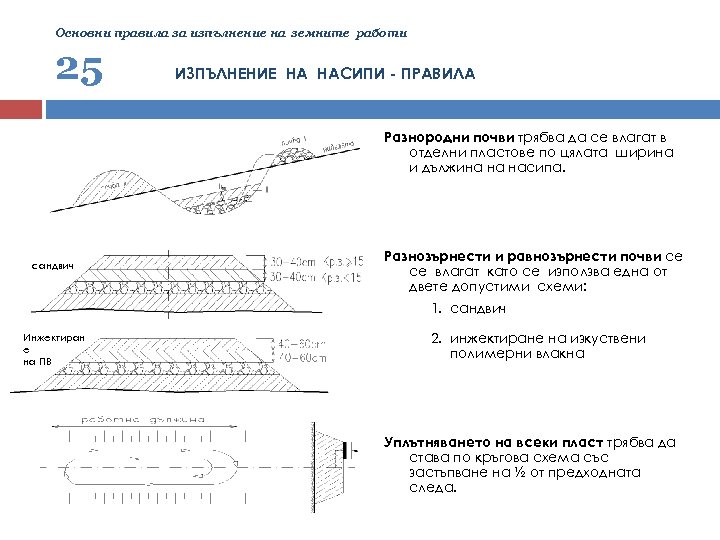 Основни правила за изпълнение на земните работи 25 ИЗПЪЛНЕНИЕ НА НАСИПИ - ПРАВИЛА Разнородни