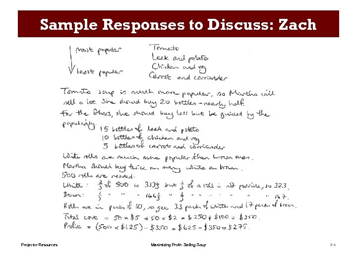 Sample Responses to Discuss: Zach Projector Resources Maximizing Profit: Selling Soup P-4 