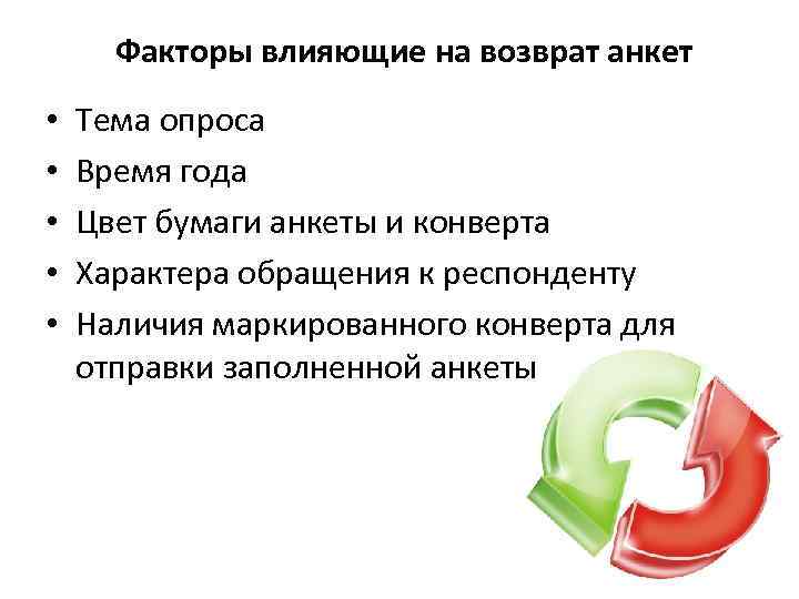 Факторы влияющие на возврат анкет • • • Тема опроса Время года Цвет бумаги