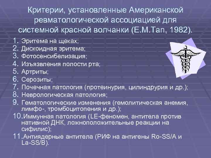 Критерии, установленные Американской ревматологической ассоциацией для системной красной волчанки (E. M. Tan, 1982). 1.