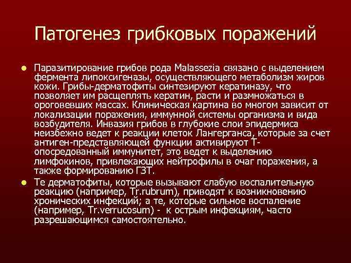 Патогенез грибковых поражений Паразитирование грибов рода Malassezia связано с выделением фермента липоксигеназы, осуществляющего метаболизм