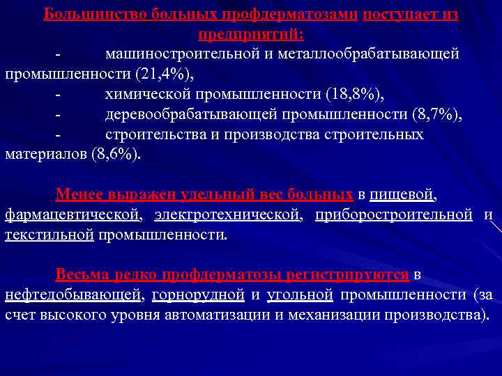 Большинство больных профдерматозами поступает из предприятий: машиностроительной и металлообрабатывающей промышленности (21, 4%), химической промышленности