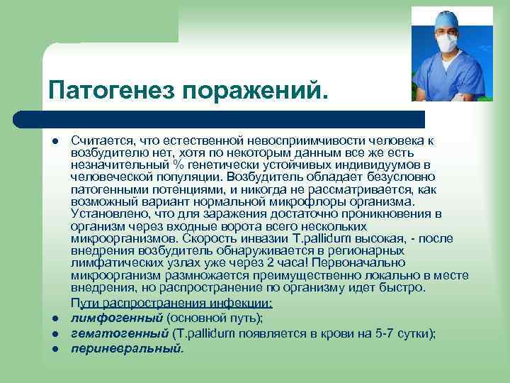 Патогенез поражений. l l Считается, что естественной невосприимчивости человека к возбудителю нет, хотя по