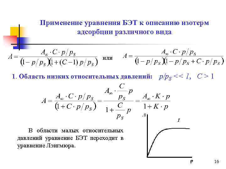 Применение уравнения БЭТ к описанию изотерм адсорбции различного вида или 1. Область низких относительных