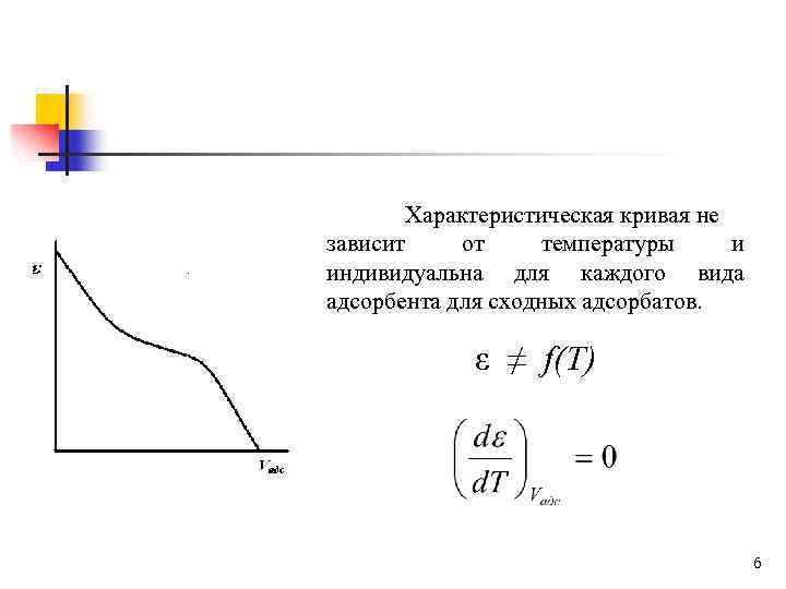 Характеристическая кривая не зависит от температуры и индивидуальна для каждого вида адсорбента для сходных