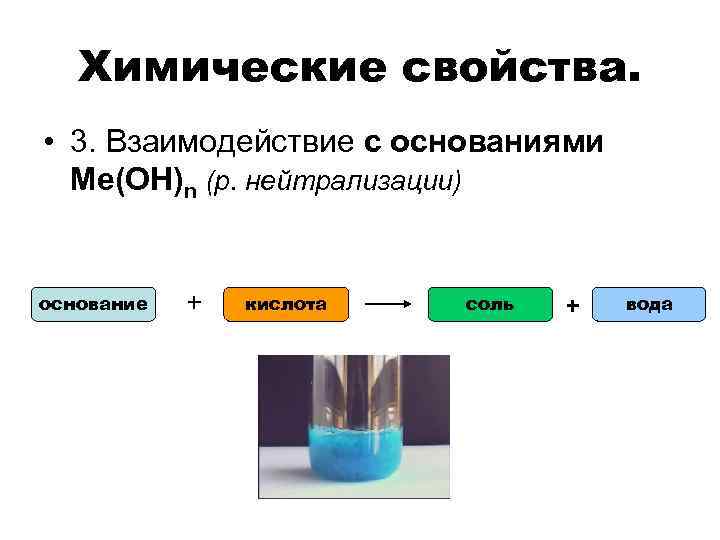 Химические свойства. • 3. Взаимодействие с основаниями Ме(ОН)n (р. нейтрализации) основание + кислота соль