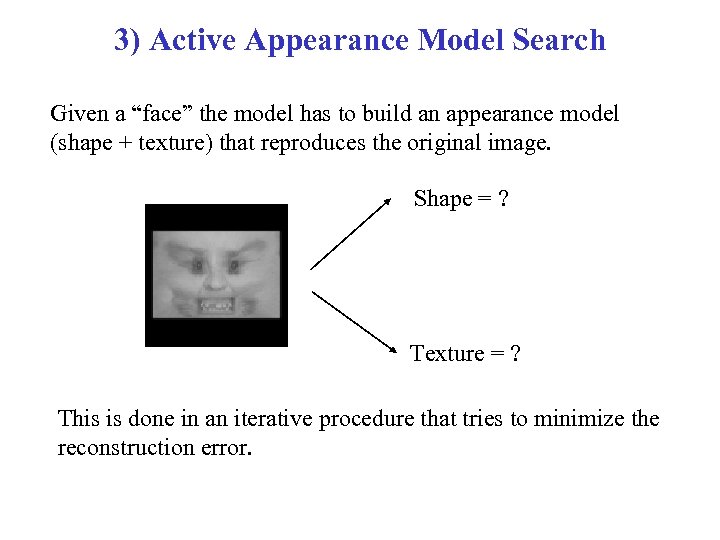 3) Active Appearance Model Search Given a “face” the model has to build an