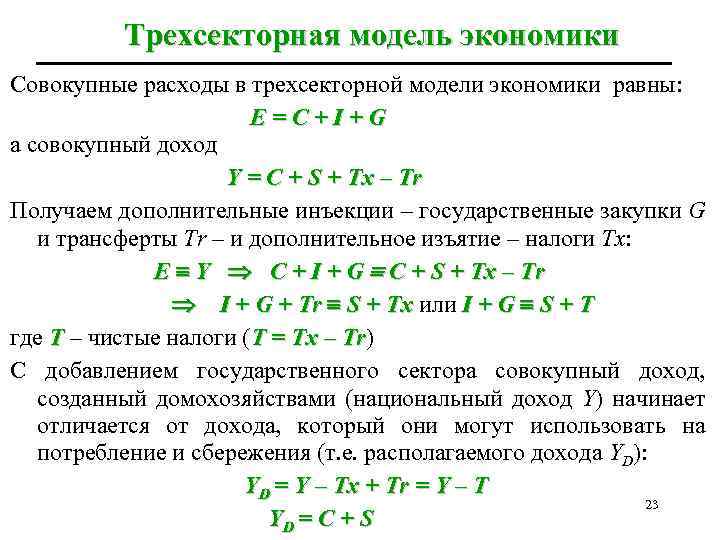 Трехсекторная модель экономики Совокупные расходы в трехсекторной модели экономики равны: E=C+I+G а совокупный доход