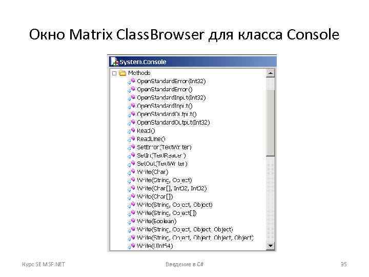 Окно Matrix Class. Browser для класса Console Курс SE MSF. NET Введение в C#