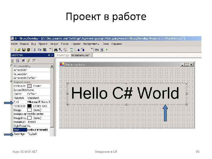 Проект в работе Курс SE MSF. NET Введение в C# 39 