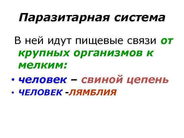 Паразитарная система В ней идут пищевые связи от крупных организмов к мелким: • человек