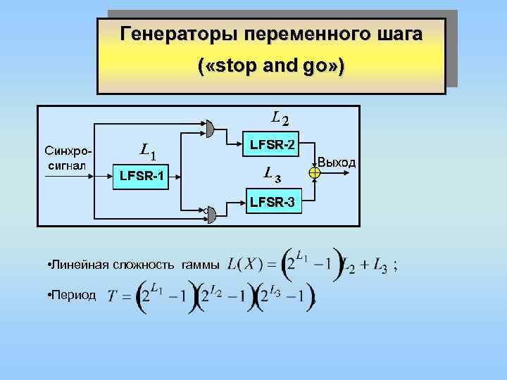 Генераторы переменного шага ( «stop and go» ) • Линейная сложность гаммы • Период