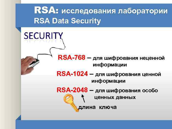 RSA: исследования лаборатории RSA Data Security RSA-768 – для шифрования неценной информации RSA-1024 –