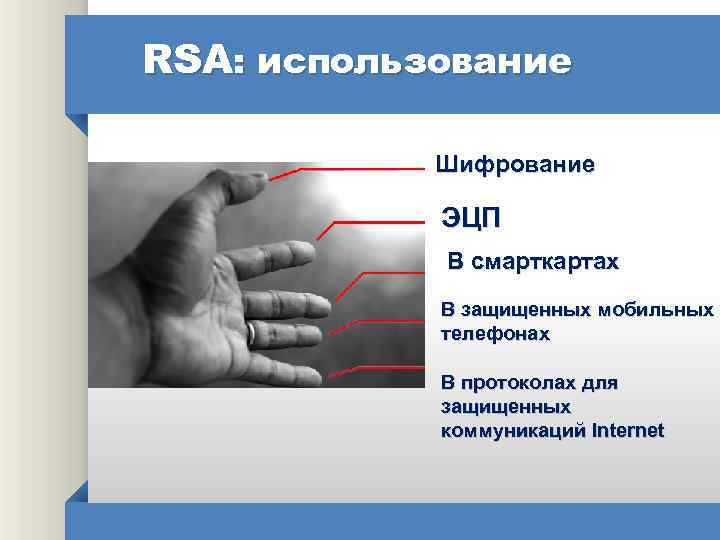 RSA: использование Шифрование ЭЦП В смарткартах В защищенных мобильных телефонах В протоколах для защищенных