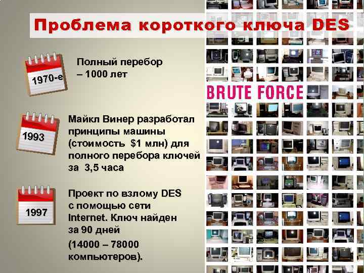 Проблема короткого ключа DES 1970 -е 1993 1997 Полный перебор – 1000 лет Майкл