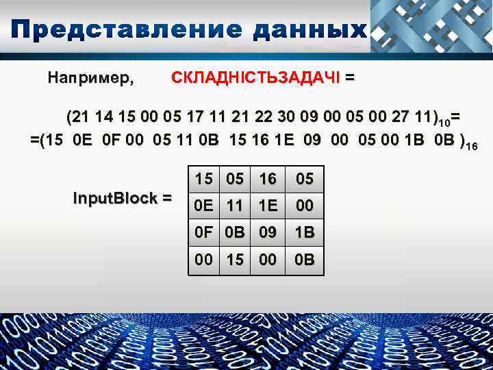 Например, СКЛАДНІСТЬЗАДАЧІ = (21 14 15 00 05 17 11 21 22 30 09