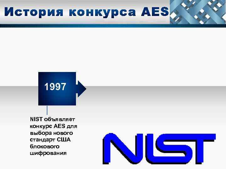 1997 NIST объявляет конкурс AES для выбора нового стандарт США блокового шифрoвания 