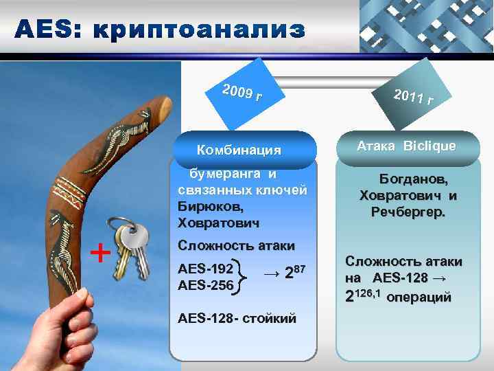 2009 г 2011 г Комбинация + бумеранга и связанных ключей Бирюков, Ховратович Атака Biclique