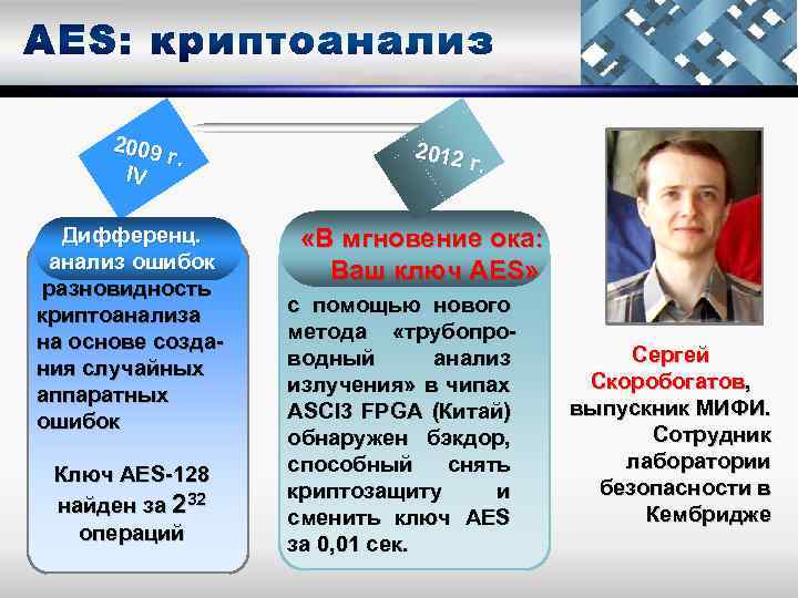  2009 г IV. Дифференц. анализ ошибок разновидность криптоанализа на основе создания случайных аппаратных