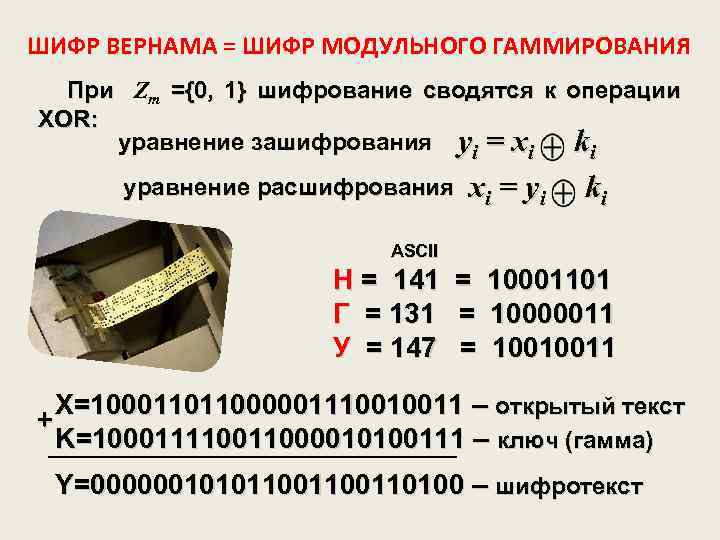 ШИФР ВЕРНАМА = ШИФР МОДУЛЬНОГО ГАММИРОВАНИЯ При Zm ={0, 1} шифрование сводятся к операции