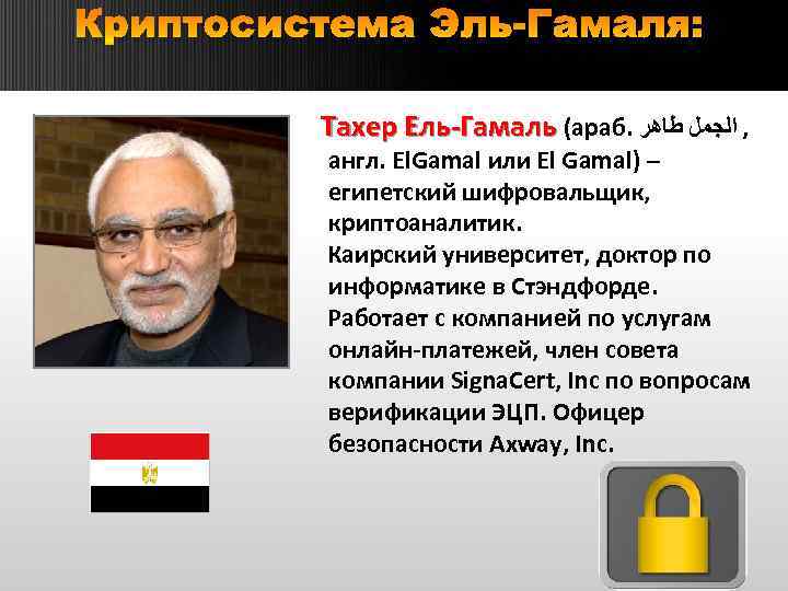 Криптосистема Эль-Гамаля: Тахер Ель-Гамаль (араб. , ﺍﻟﺠﻤﻞ ﻃﺎﻫﺮ Тахер Ель-Гамаль англ. El. Gamal или