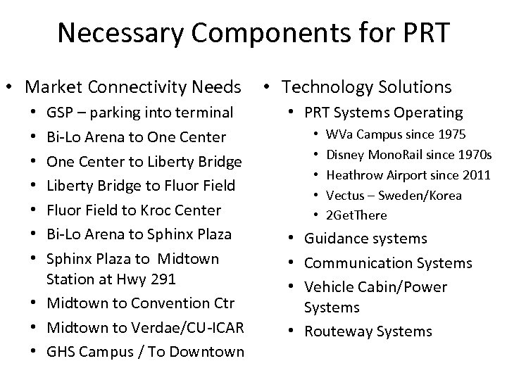 Necessary Components for PRT • Market Connectivity Needs • Technology Solutions GSP – parking