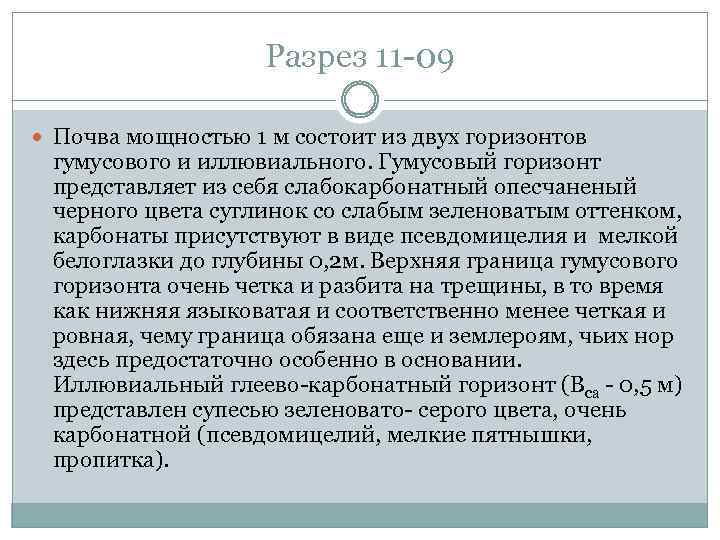 Разрез 11 -09 Почва мощностью 1 м состоит из двух горизонтов гумусового и иллювиального.