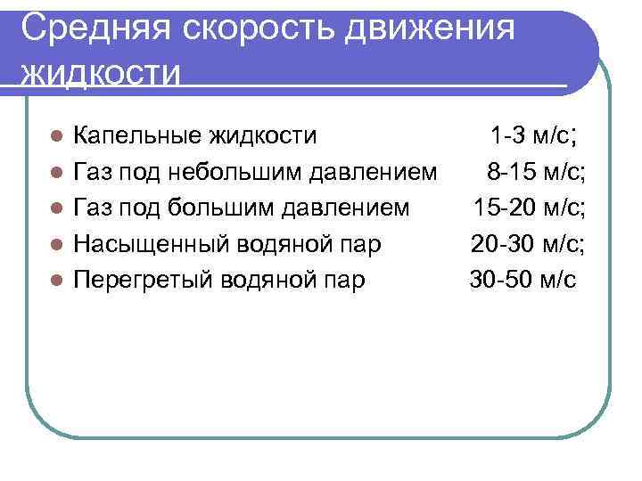 Средняя скорость движения жидкости l l l Капельные жидкости Газ под небольшим давлением Газ