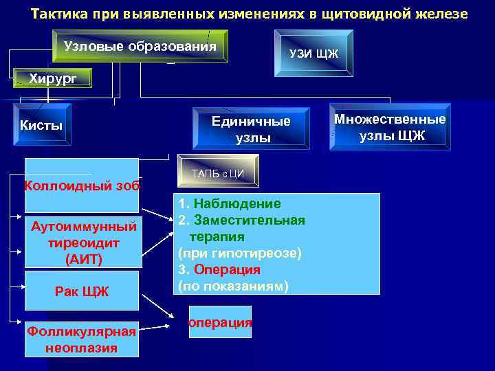 Тактика при выявленных изменениях в щитовидной железе Узловые образования УЗИ ЩЖ Хирург Кисты Коллоидный