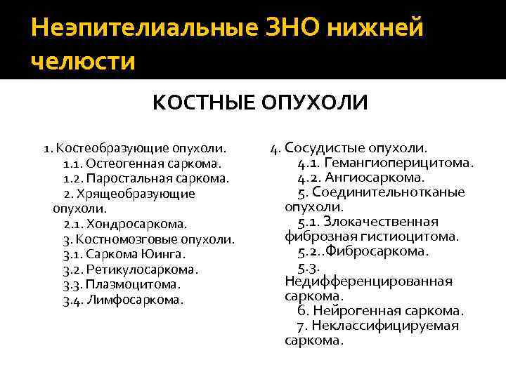 Неэпителиальные ЗНО нижней челюсти КОСТНЫЕ ОПУХОЛИ 1. Костеобразующие опухоли. 1. 1. Остеогенная саркома. 1.