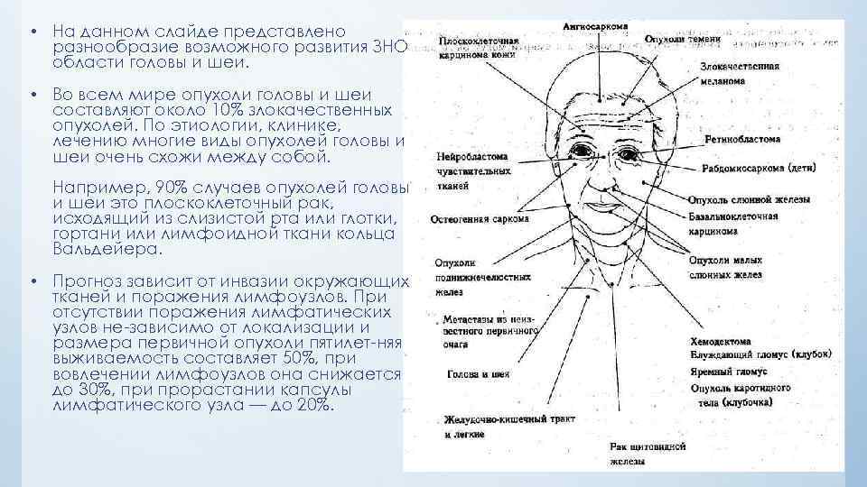  • На данном слайде представлено разнообразие возможного развития ЗНО области головы и шеи.