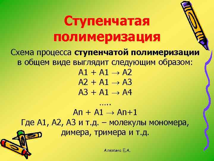 Ступенчатая полимеризация Схема процесса ступенчатой полимеризации в общем виде выглядит следующим образом: А 1