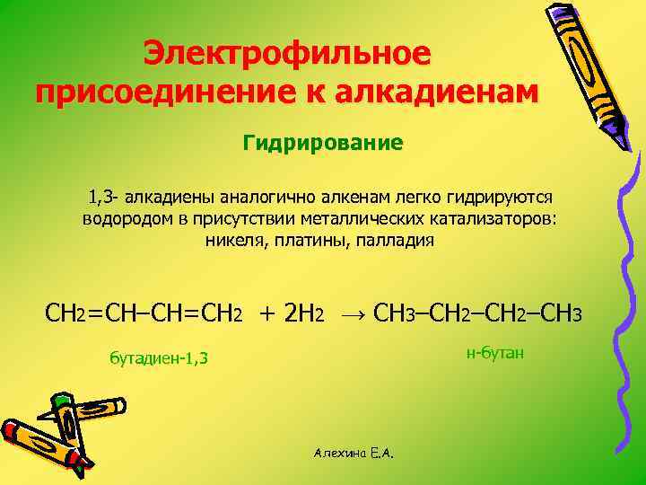 Электрофильное присоединение к алкадиенам Гидрирование 1, 3 - алкадиены аналогично алкенам легко гидрируются водородом