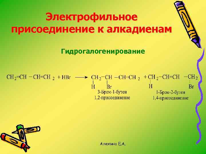 Электрофильное присоединение к алкадиенам Гидрогалогенирование Алехина Е. А. 