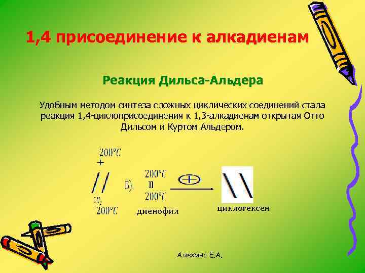 1, 4 присоединение к алкадиенам Реакция Дильса-Альдера Удобным методом синтеза сложных циклических соединений стала