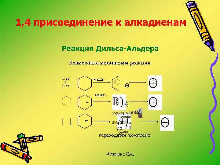 1, 4 присоединение к алкадиенам Реакция Дильса-Альдера Возможные механизмы реакции медл. Θ медл. переходный