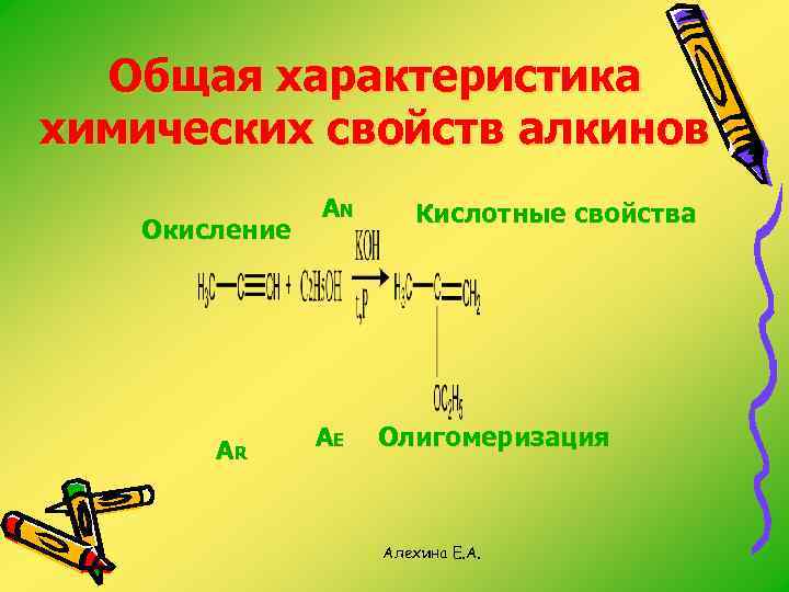 Общая характеристика химических свойств алкинов Окисление AR AN AE Кислотные свойства Олигомеризация Алехина Е.