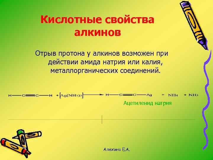 Кислотные свойства алкинов Отрыв протона у алкинов возможен при действии амида натрия или калия,
