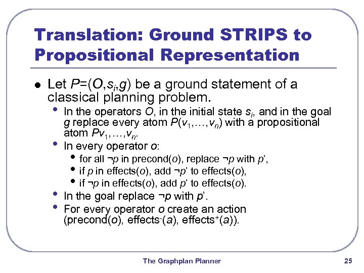 Translation: Ground STRIPS to Propositional Representation l Let P=(O, si, g) be a ground