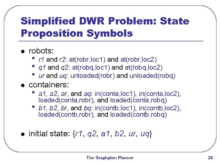 Simplified DWR Problem: State Proposition Symbols l l l robots: • • • r