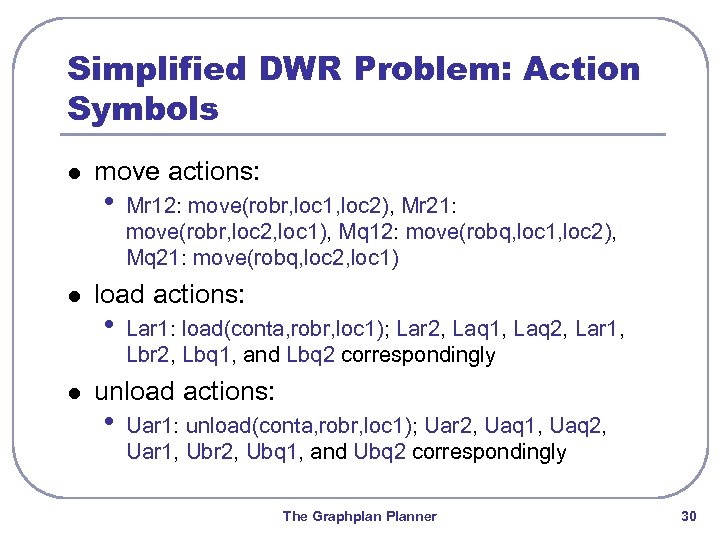 Simplified DWR Problem: Action Symbols l l l move actions: • Mr 12: move(robr,