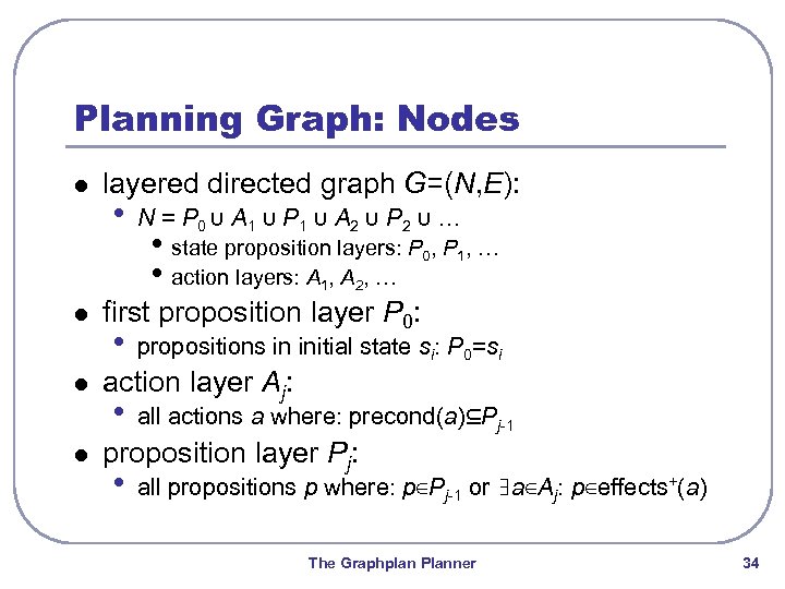 Planning Graph: Nodes l l layered directed graph G=(N, E): • N = P