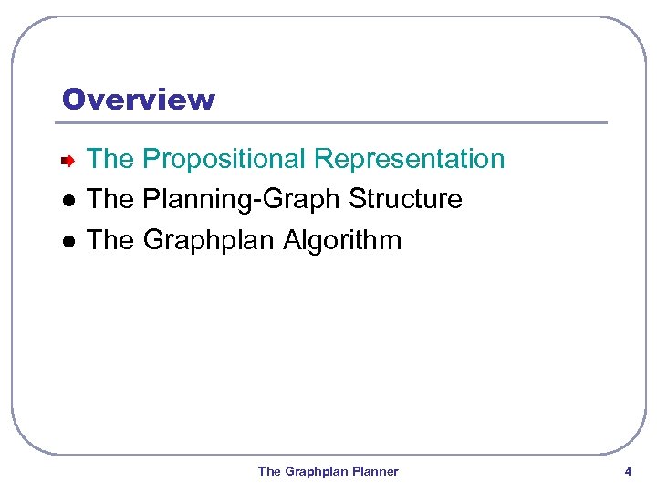 Overview l l The Propositional Representation The Planning-Graph Structure The Graphplan Algorithm The Graphplan