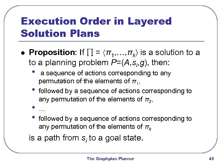 Execution Order in Layered Solution Plans l Proposition: If ∏ = 〈π1, …, πk〉