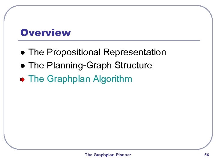 Overview l l The Propositional Representation The Planning-Graph Structure The Graphplan Algorithm The Graphplan