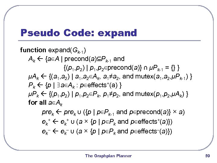 Pseudo Code: expand function expand(Gk-1) Ak {a∈A | precond(a)⊆Pk-1 and {(p 1, p 2)