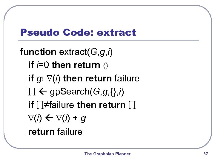 Pseudo Code: extract function extract(G, g, i) if i=0 then return 〈〉 if g∈∇(i)