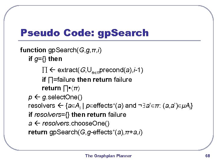 Pseudo Code: gp. Search function gp. Search(G, g, π, i) if g={} then ∏