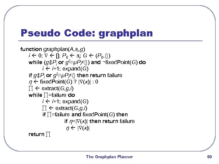 Pseudo Code: graphplan function graphplan(A, si, g) i 0; ∇ []; P 0 si;