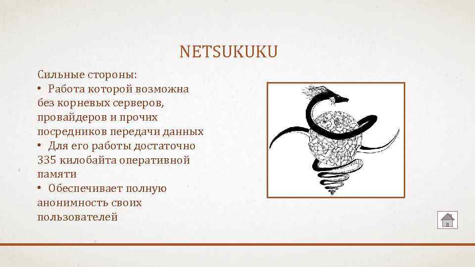 NETSUKUKU Сильные стороны: • Работа которой возможна без корневых серверов, провайдеров и прочих посредников